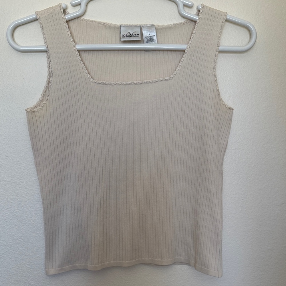 Liz Claiborne Villager 80% Silk Blend Beige Ribbed Square-Neck Tank Top